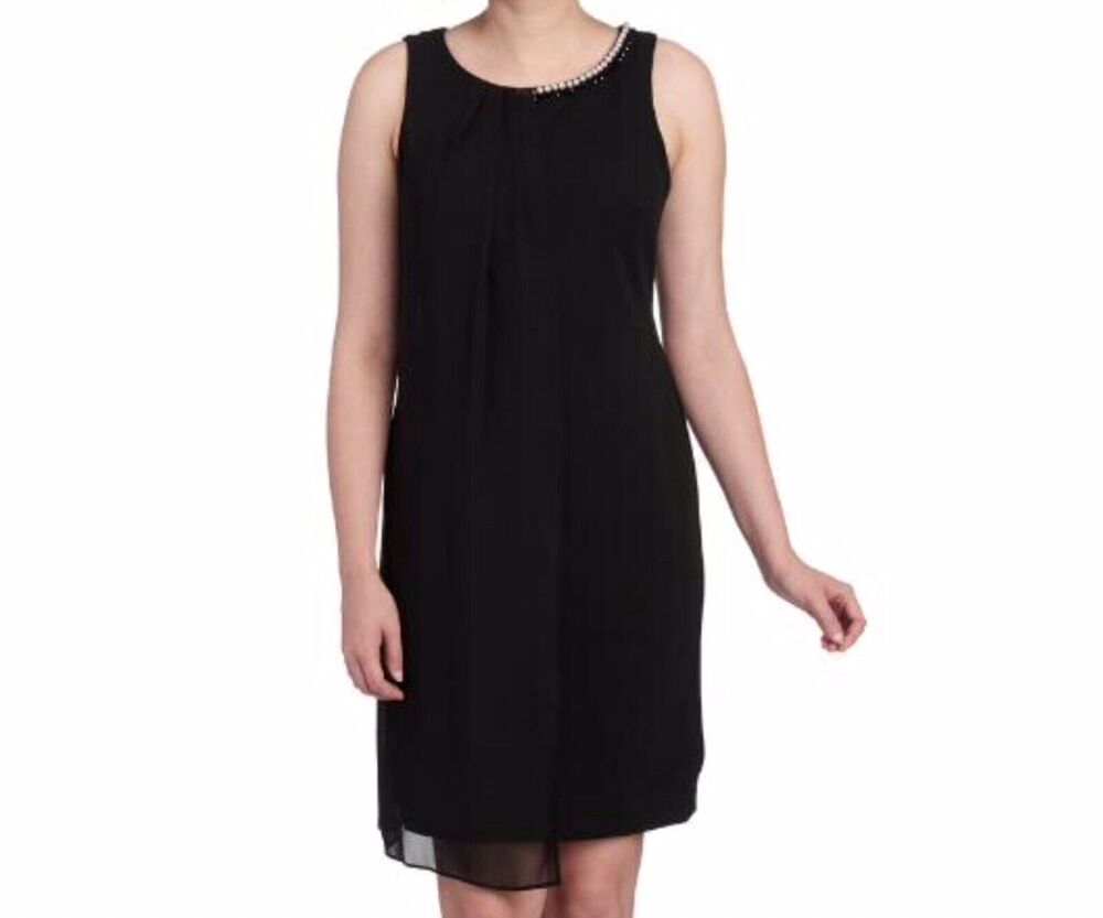 SLNY Women's Dress Sz 14 Black Sheath Embellished Neckline One Side Overlay NWT